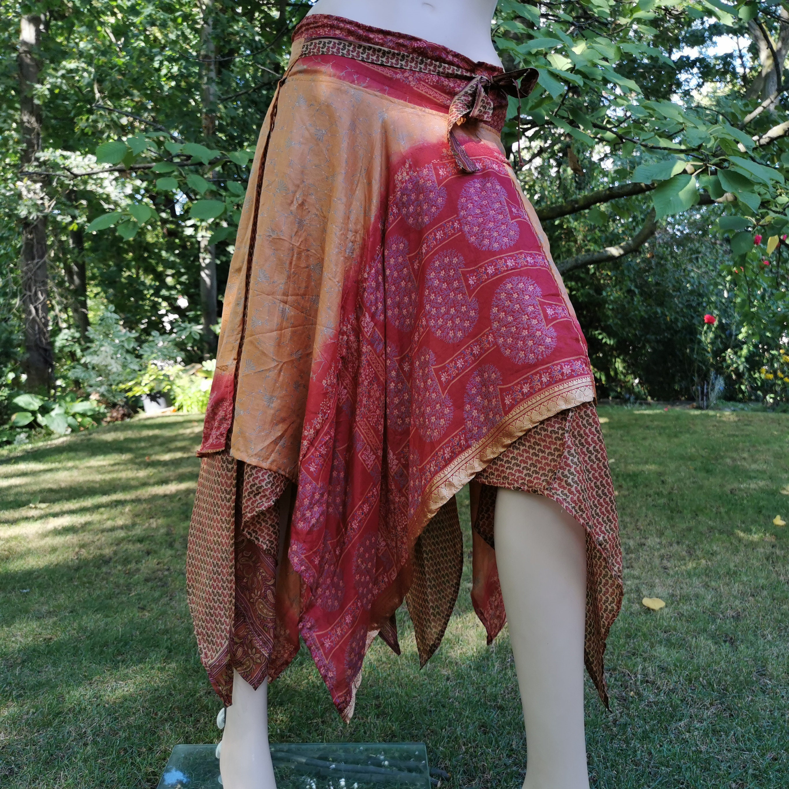Wrap skirt Indian sari skirt 34 - 44 colorful Ethno Boho Psy Goa Festival sari fabric silk India red orange brown
