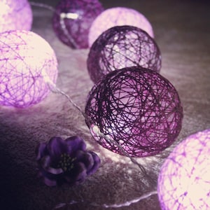 LED 20/10 MIX Handmade Cotton Light Balls, Cotton Balls String, Kid Room, Wedding decor, Party/Fairy décor, Light Dark Purple Cotton Balls image 1