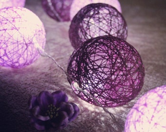 LED 20/10 MIX Handmade Cotton Light Balls, Cotton Balls String, Kid Room, Wedding decor, Party/Fairy décor, Light –Dark Purple Cotton Balls