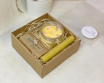 100% Organic Gift Set of 3 | One Soy Candle, One Beeswax candle, Natural Soap/ Eco Gifts/ Home Spa/ Handmade Gift Set/ Gifts box