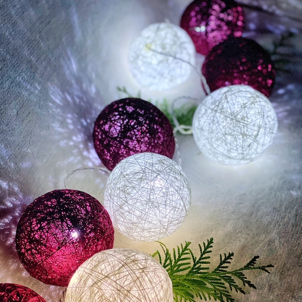 Handmade Cotton Light Balls, LED 20/10 Cotton Balls String, Kid Room, Wedding decoration, Party/Fairy décor, White/Black Cotton Balls