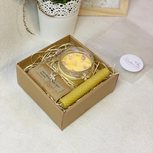 100 % biologique, lot de 3 | Une bougie de soja, une bougie de cire d'abeille, du savon naturel/ Cadeaux écologiques/ Spa à domicile/ Coffret cadeau fait main/ Boîte cadeau