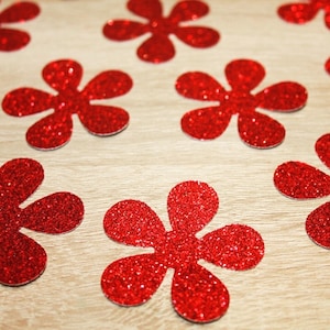 Glitter RED FLOWERS 50 pcs., Glitter FLOWERS Paper Die Cut, Glitter Red Flowers, Fleurs pour scrapbooking, Party decor, Baby Shower Confetti