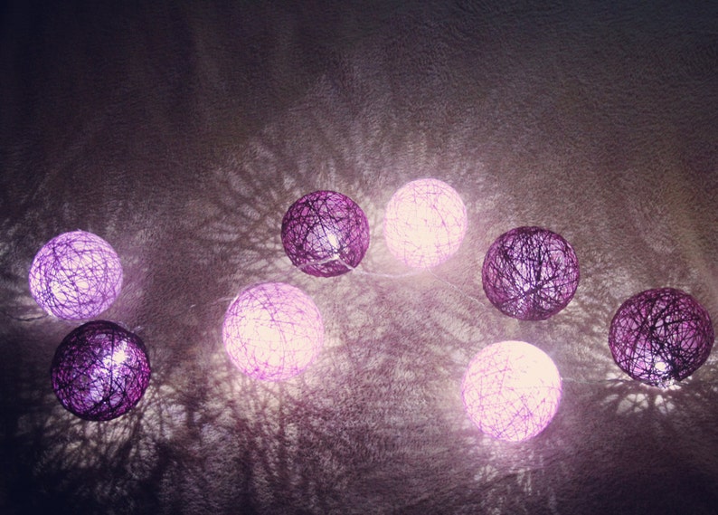 LED 20/10 MIX Handmade Cotton Light Balls, Cotton Balls String, Kid Room, Wedding decor, Party/Fairy décor, Light Dark Purple Cotton Balls image 2