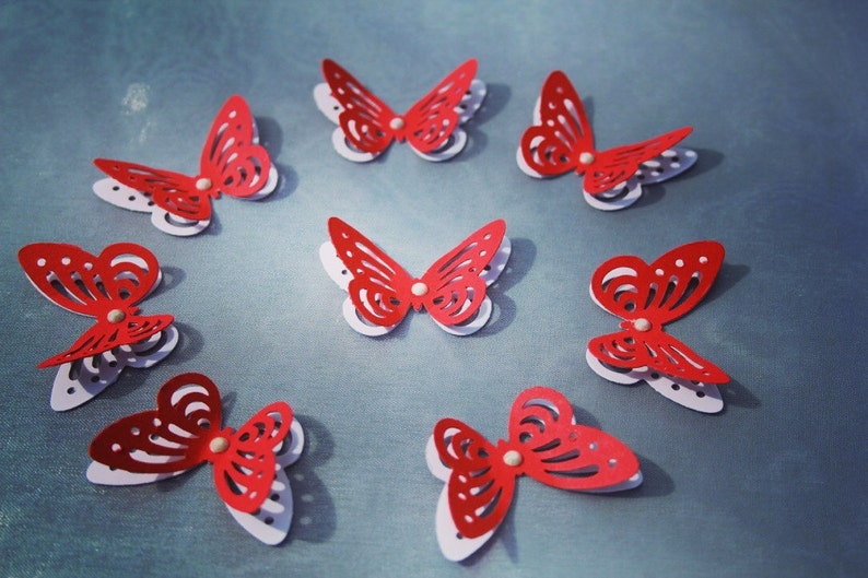 3D RED and White Butterflies Paper Butterflies Butterflies DIE CUT Paper confetti Butterflies for scrapbookingWedding d\u00e9cor
