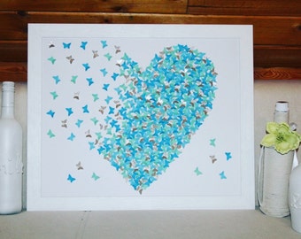 Blauwe en witte vlinders schilderen, kunst aan de muur, 3D-papierkunst, bruiloftsdecoratie, handgemaakt decor, woondecoratie, hart met witte en blauwe vlinders