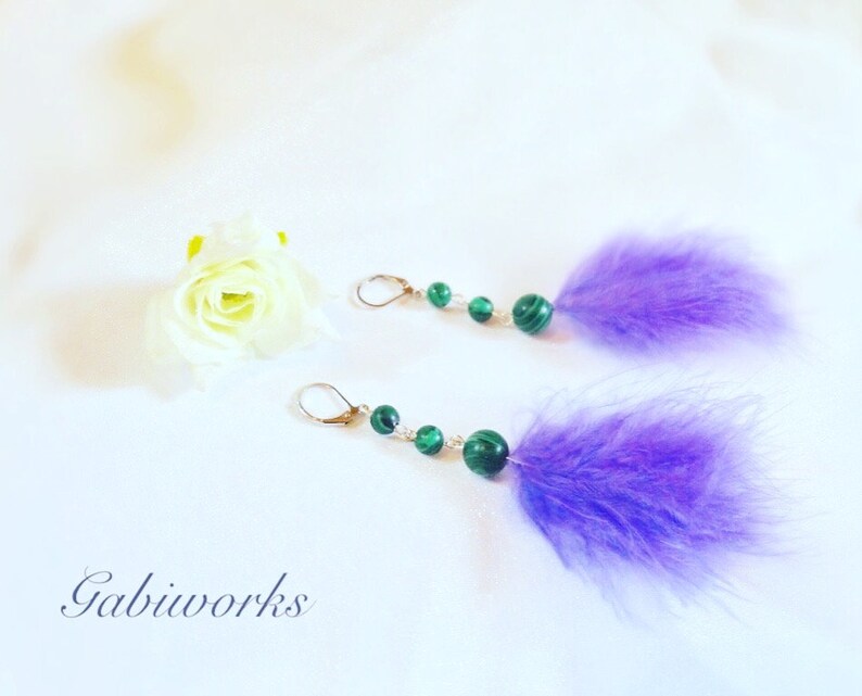 Purple Fashion Earrings Hooks Earrings Feather Earrings Handmade Feather Earrings Stones Earrings PURPLE Feather Earrings