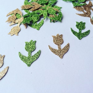 50 st. Glitter Tulp, Glitter Tulpen Paper Die Cut, Glitter Groen/Gouden Tulpen, Lenteconfetti, TULPEN voor scrapbooking, Party decor