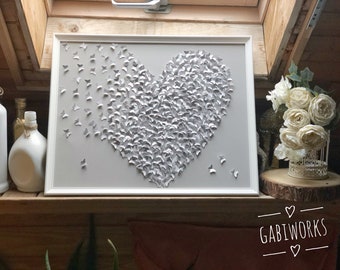 Glitter zilveren en witte vlinders schilderij, muurkunst, 3D-papierkunst, bruiloftsdecoratie, vlinderkunst, glittervlinder.