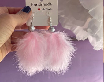 Light Pink Feather Earrings, Handmade Feather Earrings, Vintage Earrings, Feather Earrings, Drops earrings