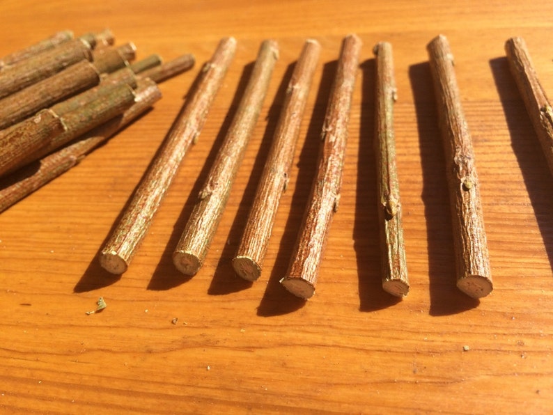 May include: A collection of thin, brown wooden sticks, some bundled together and others laid out in a row. The sticks are about 10 inches long and have a natural, rustic appearance.