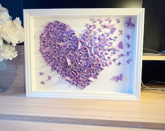 Purple Butterflies Heart Art, 3D Paper Wall Decor, Handmade Cardstock Butterflies, White Wooden Frame