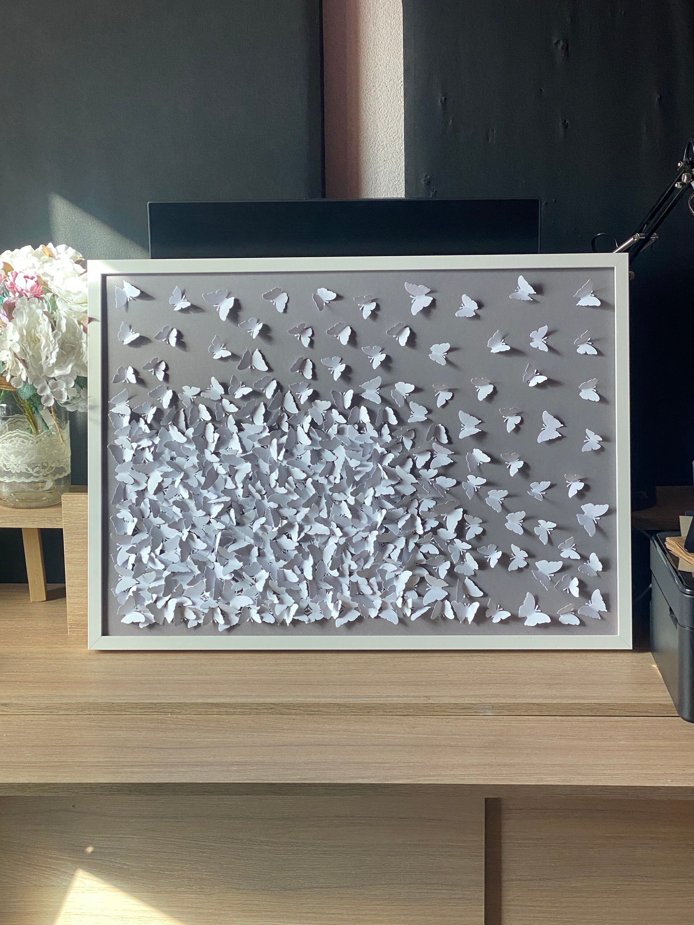 3D Paper Butterfly Wall Art, Handmade White/gray Butterflies, Framed ...