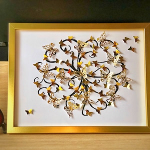 Pittura floreale magica farfalle dorate glitterate / ARTE da parete / Arte di carta 3D / Arredamento fatto a mano / Arte floreale magica / Arte farfalle glitterate /