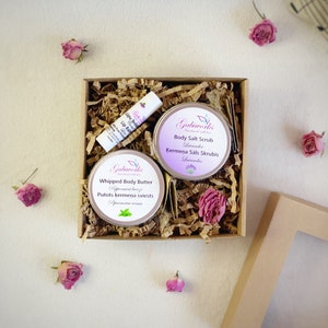 Organic Gift Set of 3 | One Whipped Body butter, One Lip balm, Body Salt Scrub/ Eco Gifts/ Beauty Set/ Handmade Gift Set/ Gifts box/