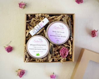 Organic Gift Set of 3 | One Whipped Body butter, One Lip balm, Body Salt Scrub/ Eco Gifts/ Beauty Set/ Handmade Gift Set/ Gifts box/