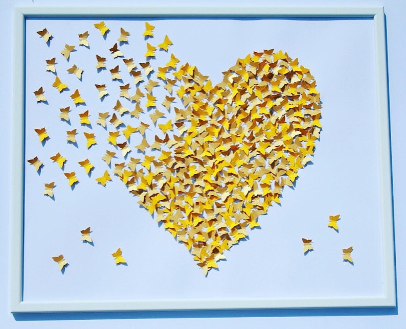 Handmade 3D Paper Art, White and Yellow Butterfly Heart, Framed Wall ...