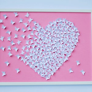 Dipinto 3D di farfalle ROSA e BIANCHE, ARTE murale, arte di carta 3D, decorazioni per matrimoni, decorazioni per la casa, arte dei cuori, cuore di farfalle rosa/bianche.