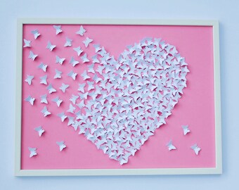 3D PINK and WHITE butterflies painting, Wall ART, 3D paper art, Wedding decor, Home decoration, Hearts’ art, Pink/White butterflies heart.