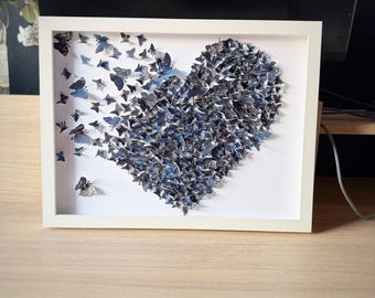 Blauw vlinderhart 3D-papierkunst, modern woondecoratie | Uniek woondecoratiecadeau|Slaapkamerwanddecoratie|