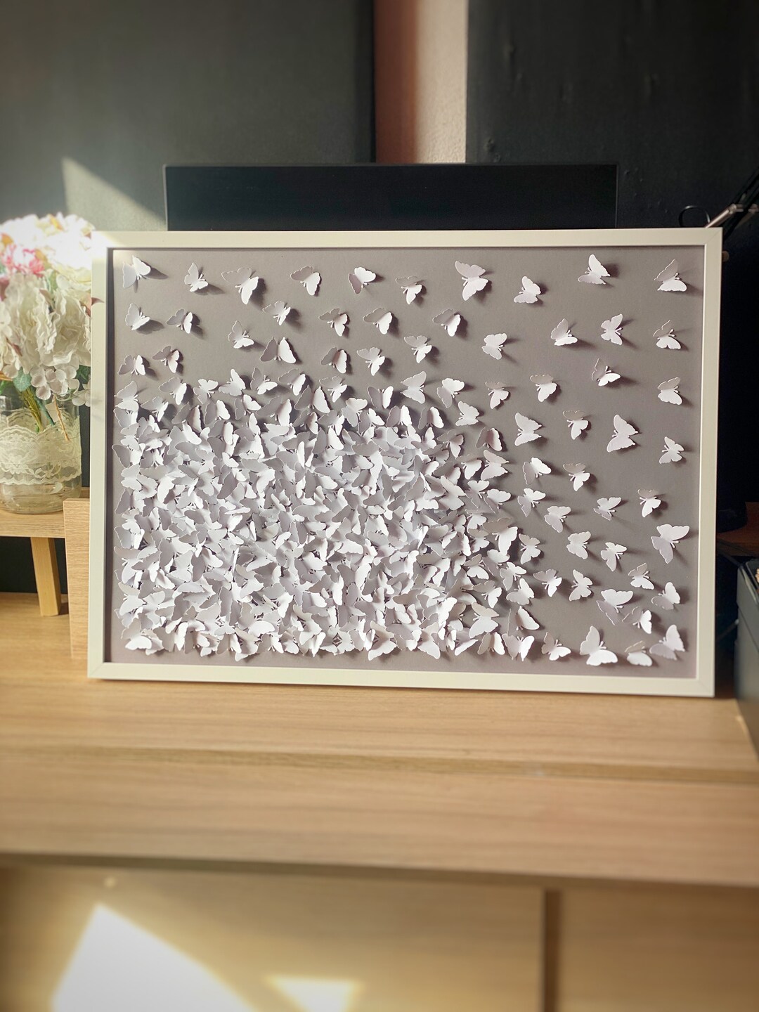 3D Paper Butterfly Wall Art, Handmade White/gray Butterflies, Framed ...