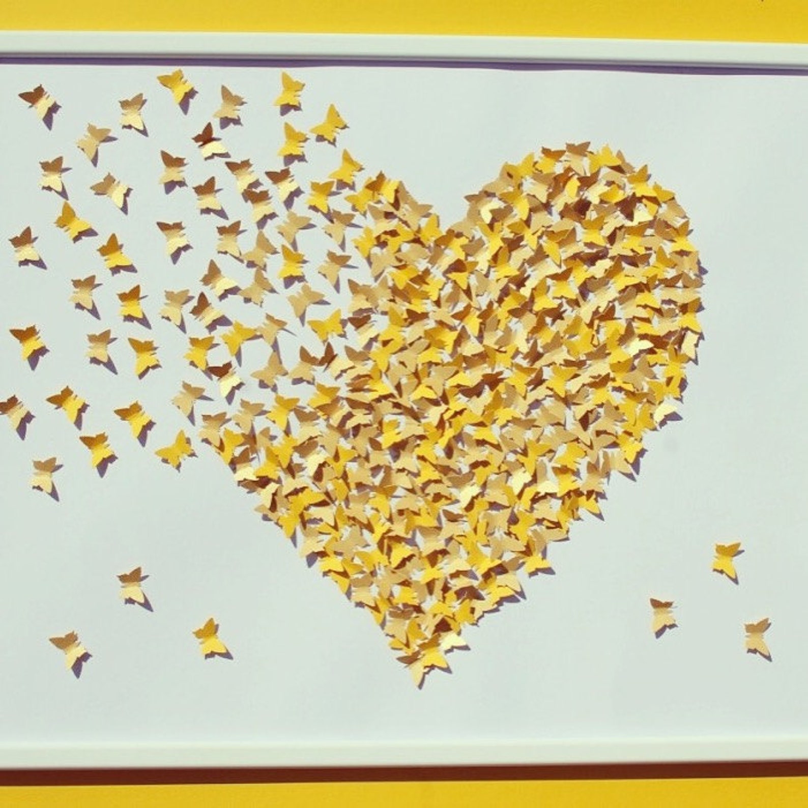 Handmade 3D Paper Art, White and Yellow Butterfly Heart, Framed Wall ...