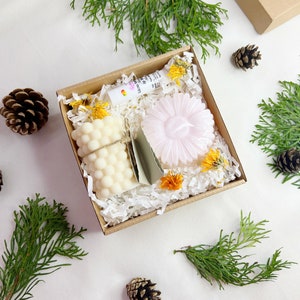 100% Bio-Geschenkset von 3 | Eine Sojakerze, Naturseife / Lippenbalsam / Öko Geschenke / Home Spa / Handgemachtes Geschenkset / Geschenkebox /
