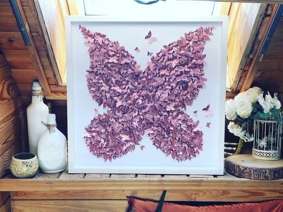 キラキラ光るピンクの蝶の絵画、ウォールアート、3D ペーパーアート 