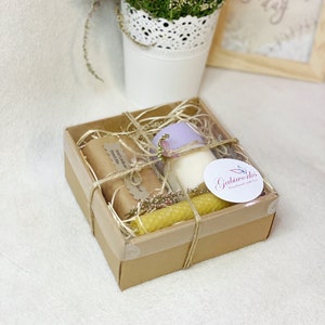 Bio Geschenk 3er Set | Eine Sojakerze, eine Bienenwachskerze, Naturseife / Eco Geschenke / Home Spa / Handgemachtes Geschenkset / Geschenkbox