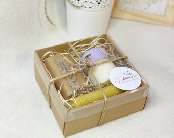 Organic Gift Set of 3 | One Soy Candle, One Beewax candle, Natural Soap/ Eco Gifts/ Home Spa/ Handmade Gift Set/ Gifts box