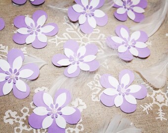 50 peças FLORES roxas claras cortadas, FLORES de papel branco, confetes de papel, FLORES para scrapbooking