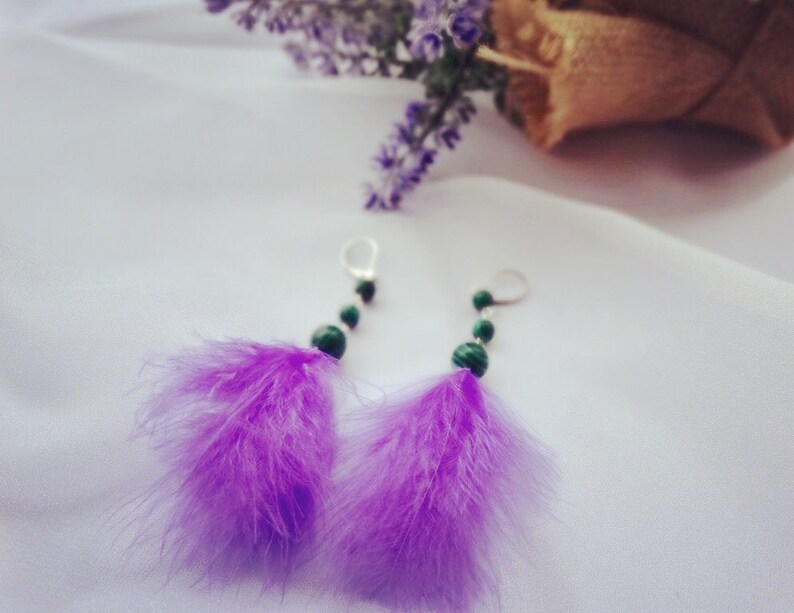 Purple Fashion Earrings Hooks Earrings Feather Earrings Handmade Feather Earrings Stones Earrings PURPLE Feather Earrings
