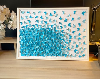 3D Blue Butterflies Paper Wall Art, Handmade Cardstock Decor, White Frame (50x70cm)