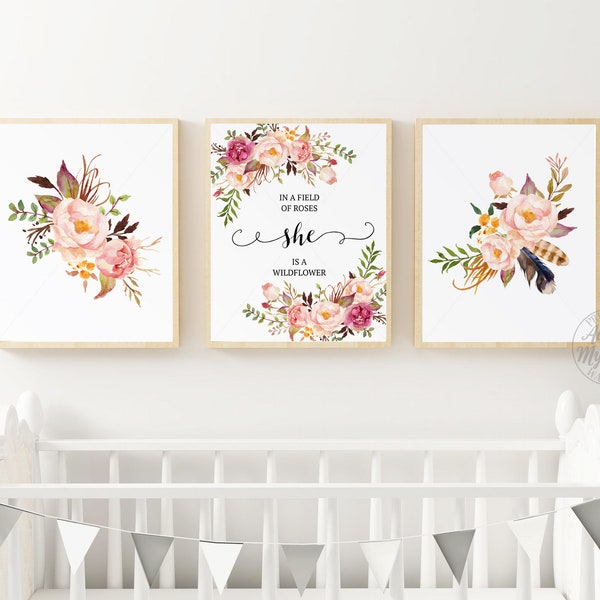 In A Field Of Roses She Is A Wildflower, Nursery Wall Art, Nursery Prints Girl, Floral Print Set, Set of 3, Wildflower Print, Girl Wall Art