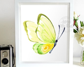 Butterfly Printable, Butterfly Gifts, Yellow, Green, Watercolour Butterfly Print, Wall Decor, Wall Art, Butterfly Painting, Nursery Wall Art