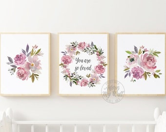 You Are So Loved, Nursery Wall Art Girl, Nursery Prints Girl, Floral Print Set, Set of 3, Purple Floral Prints, Girl Wall Art, Mauve Flowers