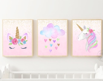 Unicorn Print Set, Unicorn Printable Wall Art, Watercolor, Unicorn Prints for Nursery, Unicorn Print Download, Set of 3, Pink, Gold Glitter