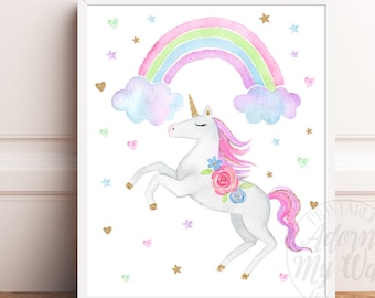 Rainbow Unicorn Wall Art, Unicorn Printable, Unicorn Nursery Prints, Unicorn Decor, Rainbow and Unicorn, Nursery Art, Gold Glitter, Pink