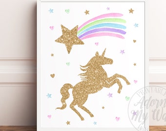 Unicorn Print, Gold Glitter Unicorn, Unicorn and Rainbow, Unicorn Printable Wall Art, Unicorn Print Download, Unicorn Gold, Unicorn Glitter