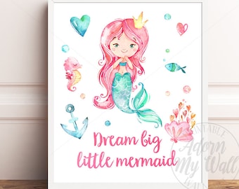 Mermaid Nursery Print, Girls Bedroom Prints, Mermaid Printable, Dream Big Little Mermaid, Girls Nursery Decor, Mermaid Quote, Girls Wall Art