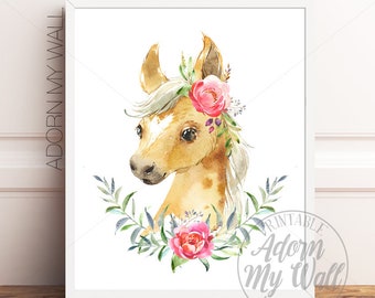 Horse Nursery Wall Art, Horse With flower Crown, Watercolor Horse Print, Pony Printable, Equestrian Nursery Decor, Girls Horse Bedroom Decor