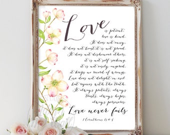 Love is patient, Love is kind, 1 Corinthians 13:4-8, Bible Verse, Bible Verse Print, Bible Verse Art, Christian Wall Art, Scripture Prints