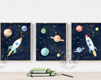 Space Prints, Boys Room Wall Art, Set of 3, Rocket Prints, Planet Prints, Outer Space Nursery Prints, Space Wall Art, Imprimable, Space Art