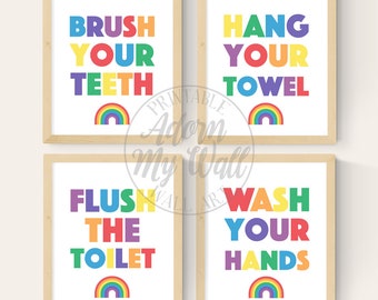 Kids Bathroom Prints, Rainbow Bathroom Decor, Set of 4 Prints, Kids Bathroom Wall Art, Kids Bathroom Signs, Print Set, Colorful Bathroom Art