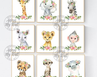 Baby Safari Animal Prints, Jungle Animal Wall Art, Set Of 9, Printables, Girls Nursery Wall Art,  Floral Animal Prints, Safari Nursery Print