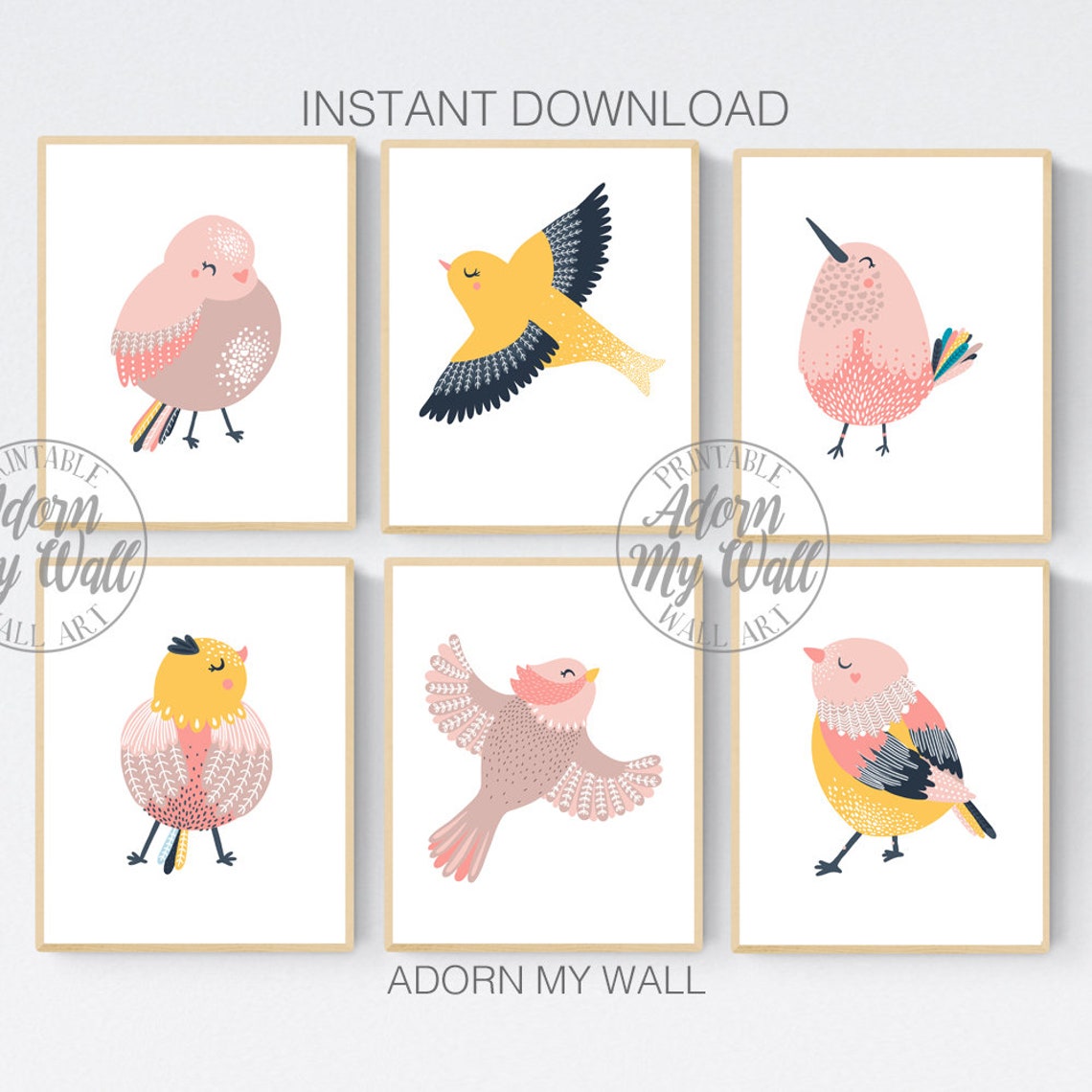 Set of Bird Prints Pink Bird Printables Bird Wall Art Set Etsy