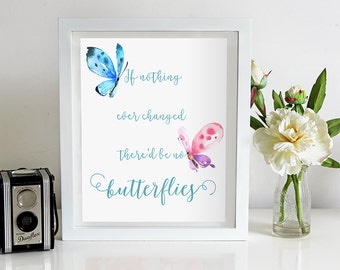 Butterfly quote, print, inspirational, watercolor butterflies, If nothing ever changed there'd be no butterflies, instant download, wall art