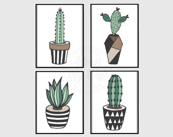 Cactus prints, succulents, wall art, wall decor, art, cactus print set, cactuses, cacti, cactus printable, cactus plant, set of 4, 5x7