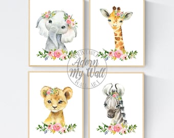 Safari Animal Prints, Set Of 4, Nursery Printables, Girls Nursery Wall Art, Safari Animal Nursery Prints, Animals With Flower Crowns, Girls