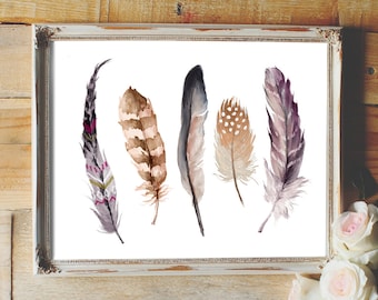 Feather Print, Feathers Wall Art, Feather Printable, Feather Art Print, Watercolor Feathers, Feather Wall Decor, Boho Art Print, Feather Art